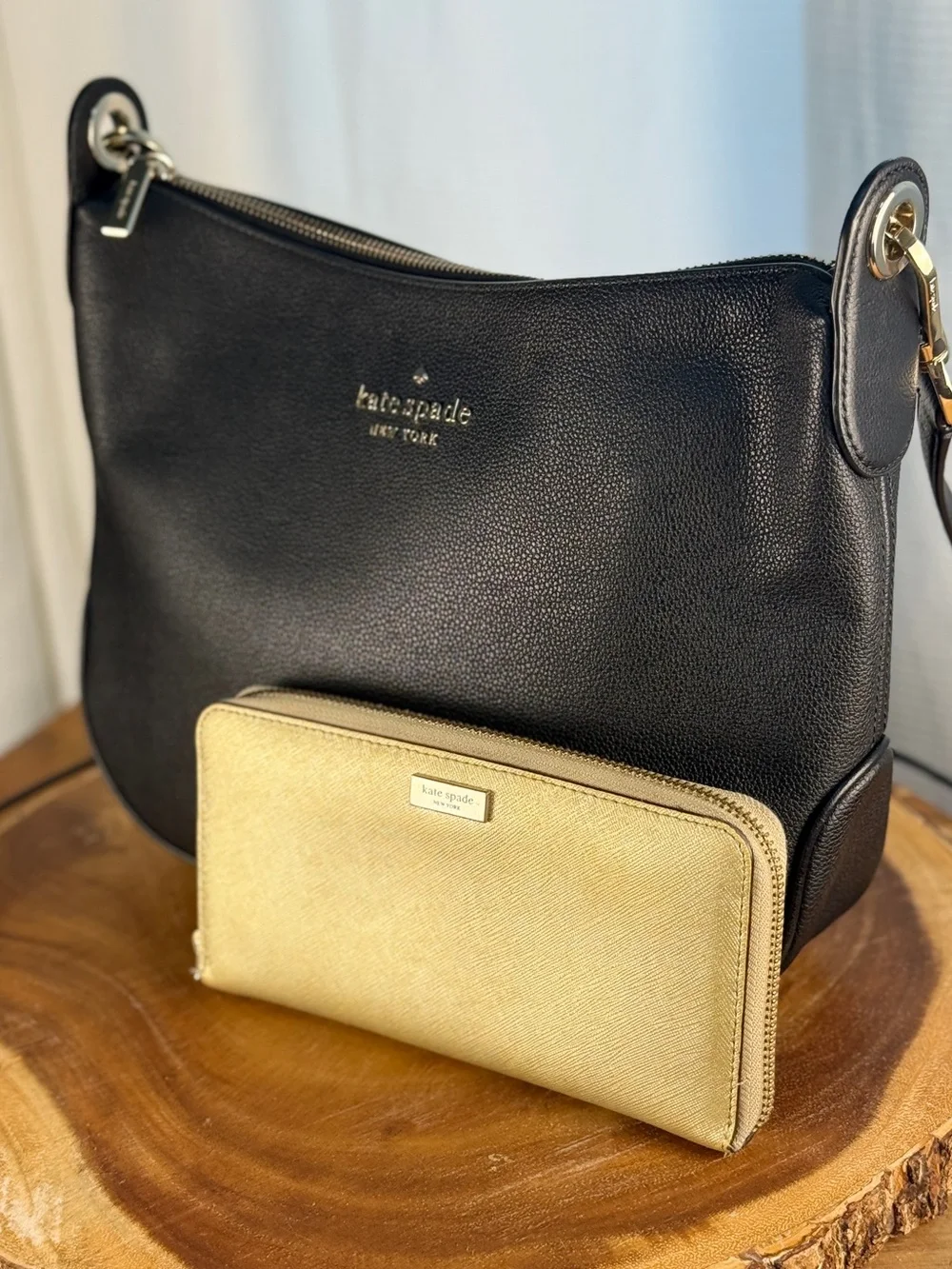 Kate Spade Black Pebbled Leather Crossbody + Gold Saffiano Wallet Bundle EUC